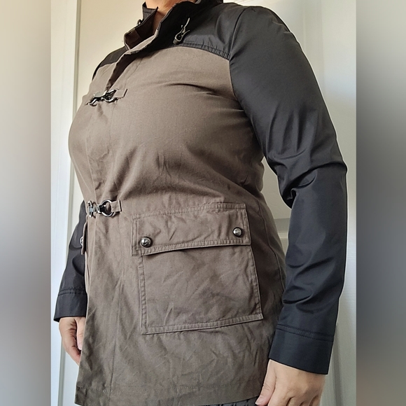 Queen Collection Women's Trench Jacket 100% Cotton Snap&Clasp Khaki/Black Medium - Picture 13 of 16